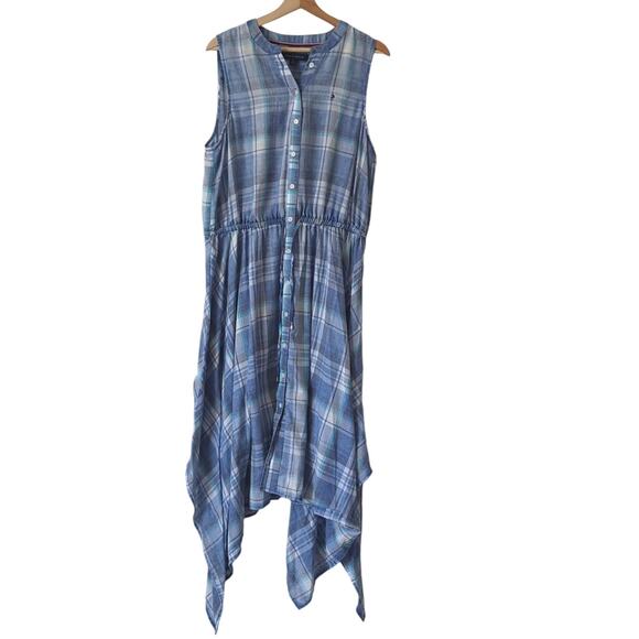 Tommy Hilfiger Plaid Sleeveless Shirt Dress 14 Blue Checker Midi Handkerchief - Picture 2 of 11
